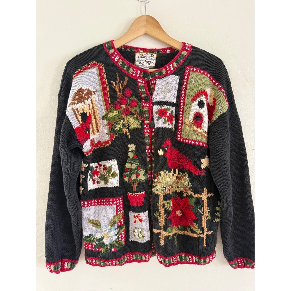 Heirloom Collectibles Vintage Christmas Cardigan Black Cardinal‎ Birdhouse Med M